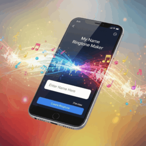 A smartphone displaying a "My Name Ringtone Maker" app on its screen. The interface shows a text box labeled "Enter Name Here" and a "Create Ringtone" button. Colorful, glowing sound waves and musical notes are shown emanating from the phone against a vibrant, multi-colored background.