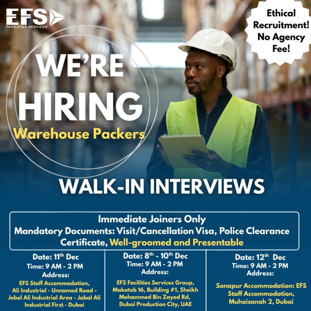 EFS walk-in interview Dubai : EFS Facilities Services LLC Announces Walk-In Interviews for Warehouse Packers in Dubai 2 JOB NEW