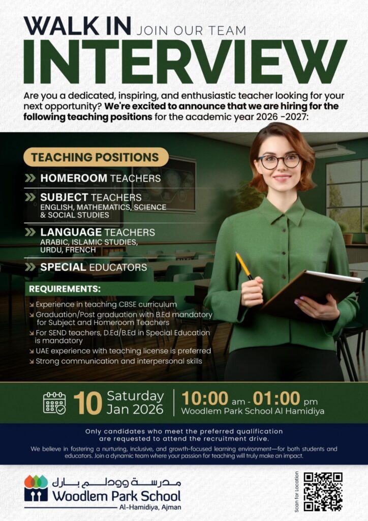 Woodlem Park School jobs 2026 : Woodlem Park School Al-Hamidiya Announces Walk-In Interview for Teaching Positions for Academic Year 2026–2027 1 job school