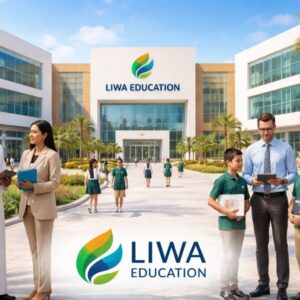 Liwa Education campus in Abu Dhabi with teachers and students, representing career opportunities in teaching and HR fields in UAE