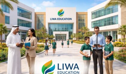Liwa Education campus in Abu Dhabi with teachers and students, representing career opportunities in teaching and HR fields in UAE