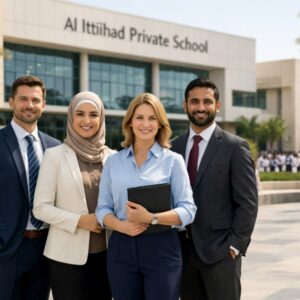 Modern Dubai school campus with diverse professional teachers standing confidently in front of Al Ittihad Private School building, students and greenery in the background, bright natural lighting.