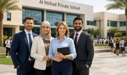 Modern Dubai school campus with diverse professional teachers standing confidently in front of Al Ittihad Private School building, students and greenery in the background, bright natural lighting.