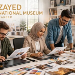 Zayed National Museum career office scene with graphic designers working on publication design in UAE