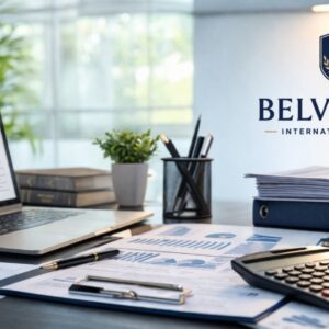 A modern, well-lit office workspace with a laptop displaying financial charts, accounting documents spread across a desk, a calculator, pen holder, and stacked files. On the wall, a clean logo reads “Belvedere International School,” giving a professional corporate atmosphere.