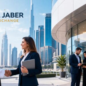 Professional corporate scene showing business professionals meeting and shaking hands in a modern urban office setting with **Al Jaber Exchange** branding displayed prominently.