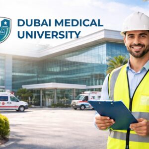 Dubai Medical University Hospital building with EHS safety officer holding clipboard outside modern healthcare facility UAE