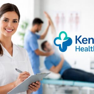 Female physiotherapist assisting a patient in a modern clinic setting with Kent Healthcare branding visible in the background