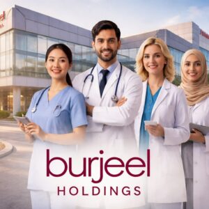 Burjeel Holdings hospital building in Abu Dhabi with a diverse team of healthcare professionals standing in front of a modern medical facility
