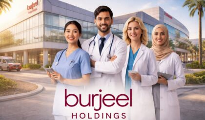 Burjeel Holdings hospital building in Abu Dhabi with a diverse team of healthcare professionals standing in front of a modern medical facility