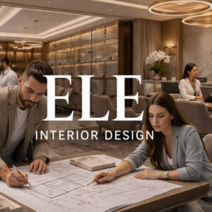 ELE Interior Design office scene with professional designers working on plans in a modern luxury workspace, featuring collaborative team environment and elegant interiors