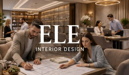 ELE Interior Design office scene with professional designers working on plans in a modern luxury workspace, featuring collaborative team environment and elegant interiors