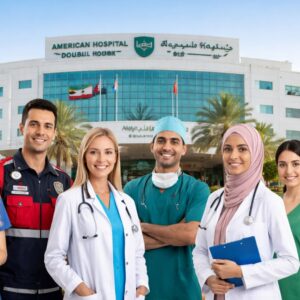 American Hospital Dubai building exterior with modern healthcare facility and medical staff representing job opportunities in UAE healthcare sector