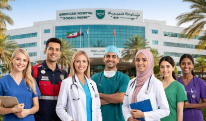 American Hospital Dubai building exterior with modern healthcare facility and medical staff representing job opportunities in UAE healthcare sector