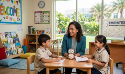 Emirates International School campus with modern building and clean professional design banner