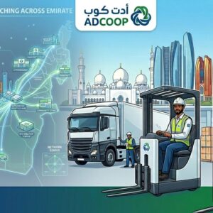ADCOOP Abu Dhabi walk-in interview for heavy truck and reach truck driver jobs with warehouse and logistics background scene