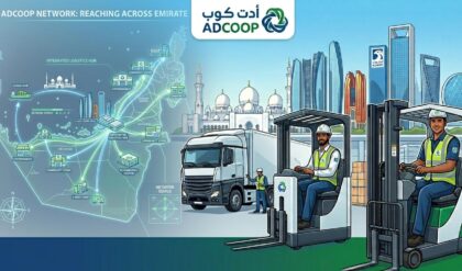 ADCOOP Abu Dhabi walk-in interview for heavy truck and reach truck driver jobs with warehouse and logistics background scene
