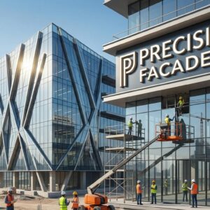 A construction professional using a digital tablet on-site, representing modern façade engineering work at Precision Facade LLC in Abu Dhabi