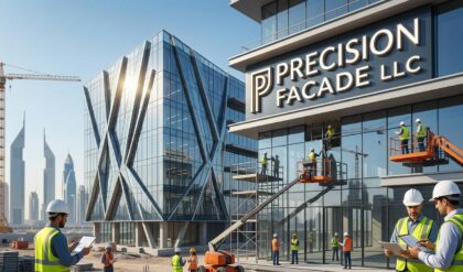 A construction professional using a digital tablet on-site, representing modern façade engineering work at Precision Facade LLC in Abu Dhabi