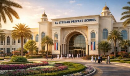 Al Ittihad Private School – Jumeirah campus with modern architecture, grand entrance, landscaped gardens, and students walking outside in a vibrant UAE school environment