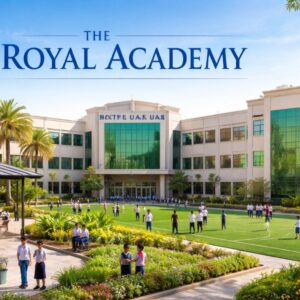 The Royal Academy Ajman campus view with students engaging in academic and eco-friendly activities in a modern CBSE school environment in UAE