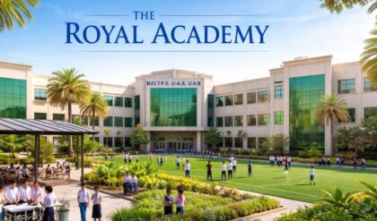 The Royal Academy Ajman campus view with students engaging in academic and eco-friendly activities in a modern CBSE school environment in UAE