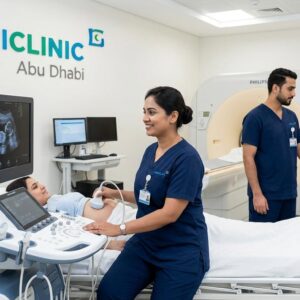 Radiographer performing ultrasound scan in a modern hospital at Mediclinic Middle East