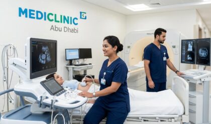 Radiographer performing ultrasound scan in a modern hospital at Mediclinic Middle East