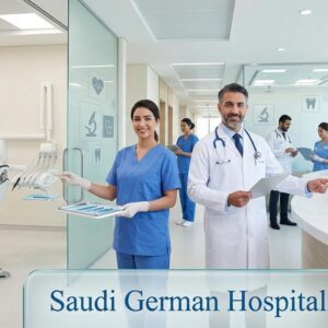 Saudi German Health hospital building with modern medical facilities and healthcare professionals providing advanced patient care in the UAE