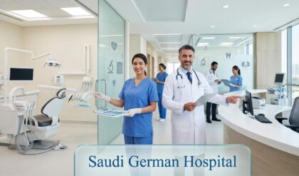 Saudi German Health hospital building with modern medical facilities and healthcare professionals providing advanced patient care in the UAE