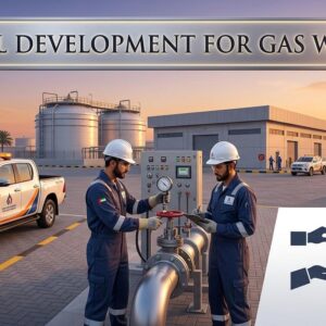 UAE centralized gas systems company Royal Development for Gas Works hiring Gas Technicians, showing industrial gas pipelines, engineers working on LPG installation, and maintenance operations in a modern energy infrastructure setting.