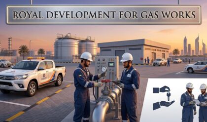 UAE centralized gas systems company Royal Development for Gas Works hiring Gas Technicians, showing industrial gas pipelines, engineers working on LPG installation, and maintenance operations in a modern energy infrastructure setting.