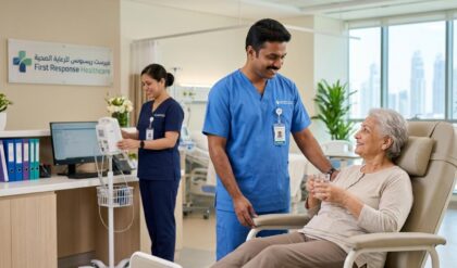 Recruitment visual representing walk-in interview opportunities at First Response Healthcare in Dubai for Nursing Assistant and Caregiver vacancies in a professional healthcare setting.