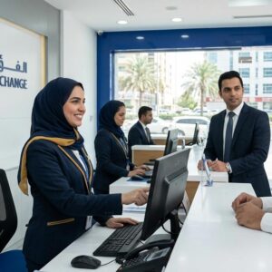 Recruitment visual representing career opportunities at Al Fuad Exchange for Counter Staff and Branch In Charge roles in a professional UAE financial services setting.