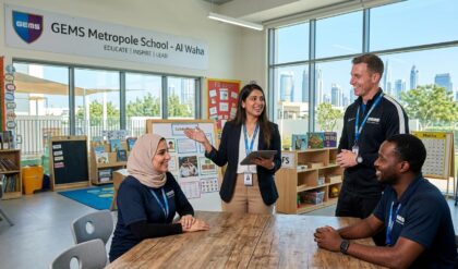 Professional recruitment visual highlighting teaching job opportunities at GEMS Metropole Al Waha in Dubai, featuring a modern classroom environment with teachers and students in an international school setting.