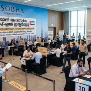 Recruitment visual showing walk-in interview opportunities at Sobha Constructions LLC in Dubai for MEP Foremen, Supervisors, and Storekeeper roles in a construction environment.