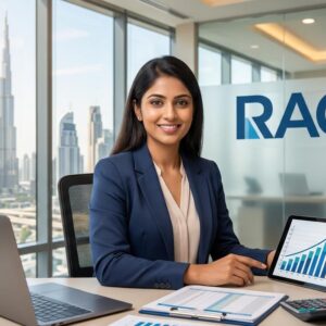 Professional recruitment visual highlighting Accountant job opportunity at RACS in the UAE, featuring a modern office setup with financial documents, laptop, and accounting workflow elements.
