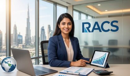 Professional recruitment visual highlighting Accountant job opportunity at RACS in the UAE, featuring a modern office setup with financial documents, laptop, and accounting workflow elements.