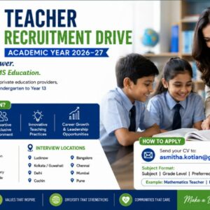 Professional teachers interacting with students inside a modern international school classroom representing GEMS Education teacher recruitment opportunities for the academic year 2026–27.