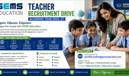Professional teachers interacting with students inside a modern international school classroom representing GEMS Education teacher recruitment opportunities for the academic year 2026–27.