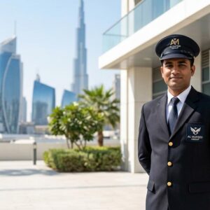Security Guard job vacancy at Al Mufeed Group Dubai showing uniformed guards at a commercial building entrance ensuring safety and monitoring access.