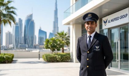 Security Guard job vacancy at Al Mufeed Group Dubai showing uniformed guards at a commercial building entrance ensuring safety and monitoring access.