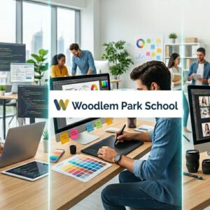 Creative professionals including web designers, graphic designers, and photographers working in a modern school environment, capturing and designing digital content for educational activities and school branding at Woodlem Park School UAE.