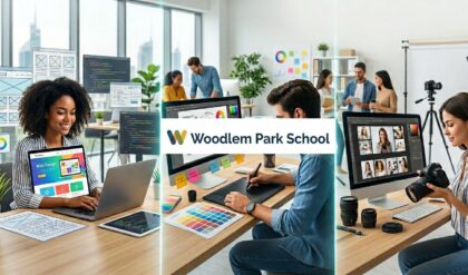 Creative professionals including web designers, graphic designers, and photographers working in a modern school environment, capturing and designing digital content for educational activities and school branding at Woodlem Park School UAE.