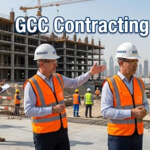 Candidates attending a walk-in interview for HSE roles at GCC Contracting Company in Dubai construction site office environment.