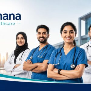 Healthcare professionals working in a modern hospital and rehabilitation environment under Amana Healthcare (M42), showcasing advanced medical care, nursing services, and multidisciplinary healthcare teams in the UAE.