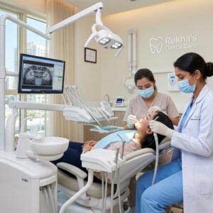 Female dental assistant working with dentist at Rekha’s Dental Care clinic in Sharjah using modern dental equipment