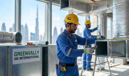 Job seekers attending a walk-in interview at Greenvally HR International office in Dubai for ductman recruitment opportunities.