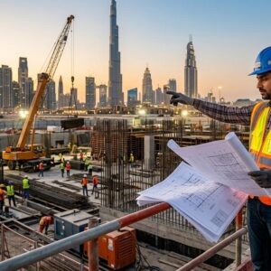 Civil Engineer supervising construction site work in Dubai with technical drawings and safety gear