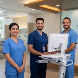 Healthcare professionals working inside Al Zahra Hospital Dubai with modern medical equipment and patient care environment